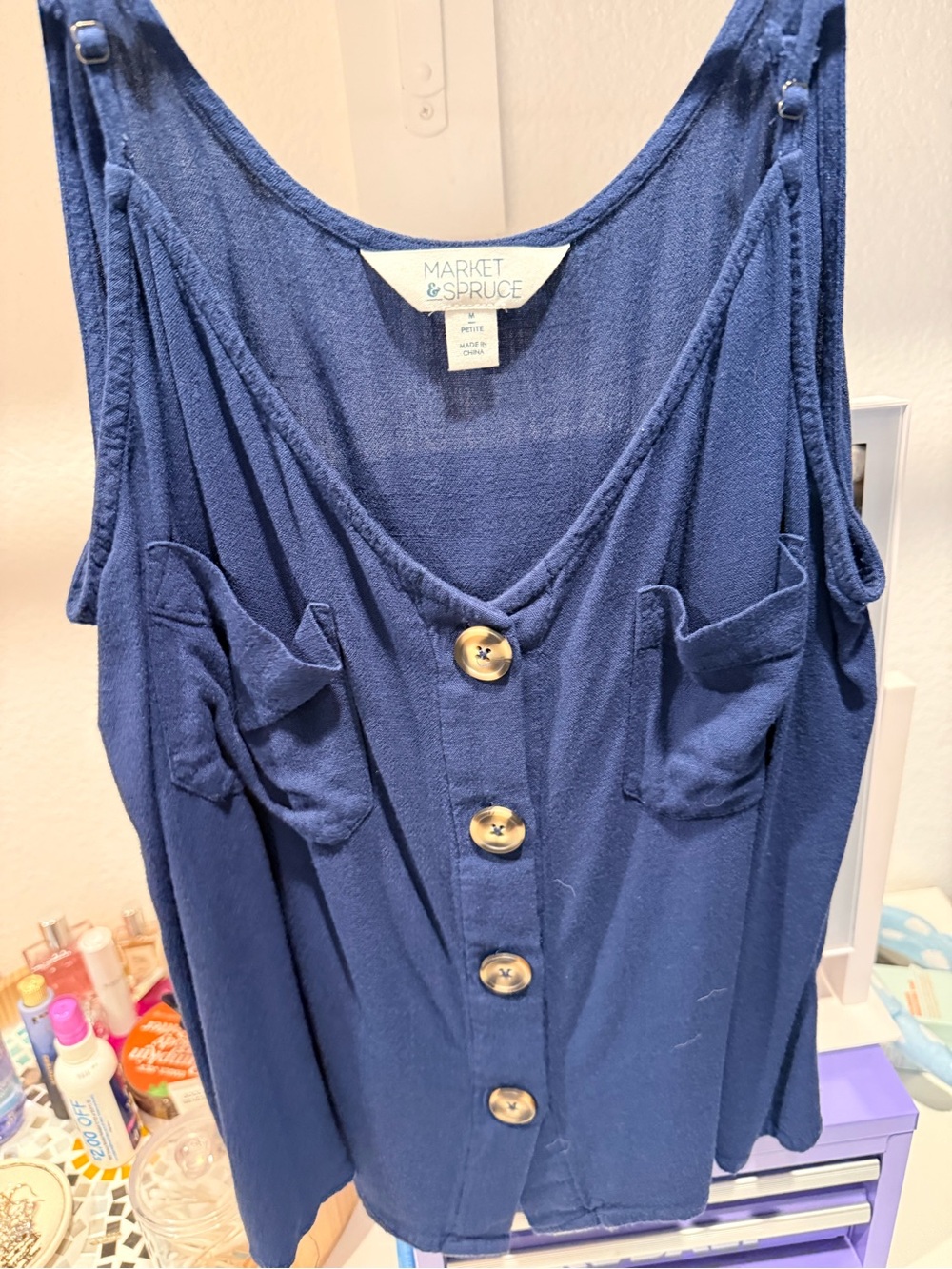 Market & Spruce Navy Button-Front Pocket Tank